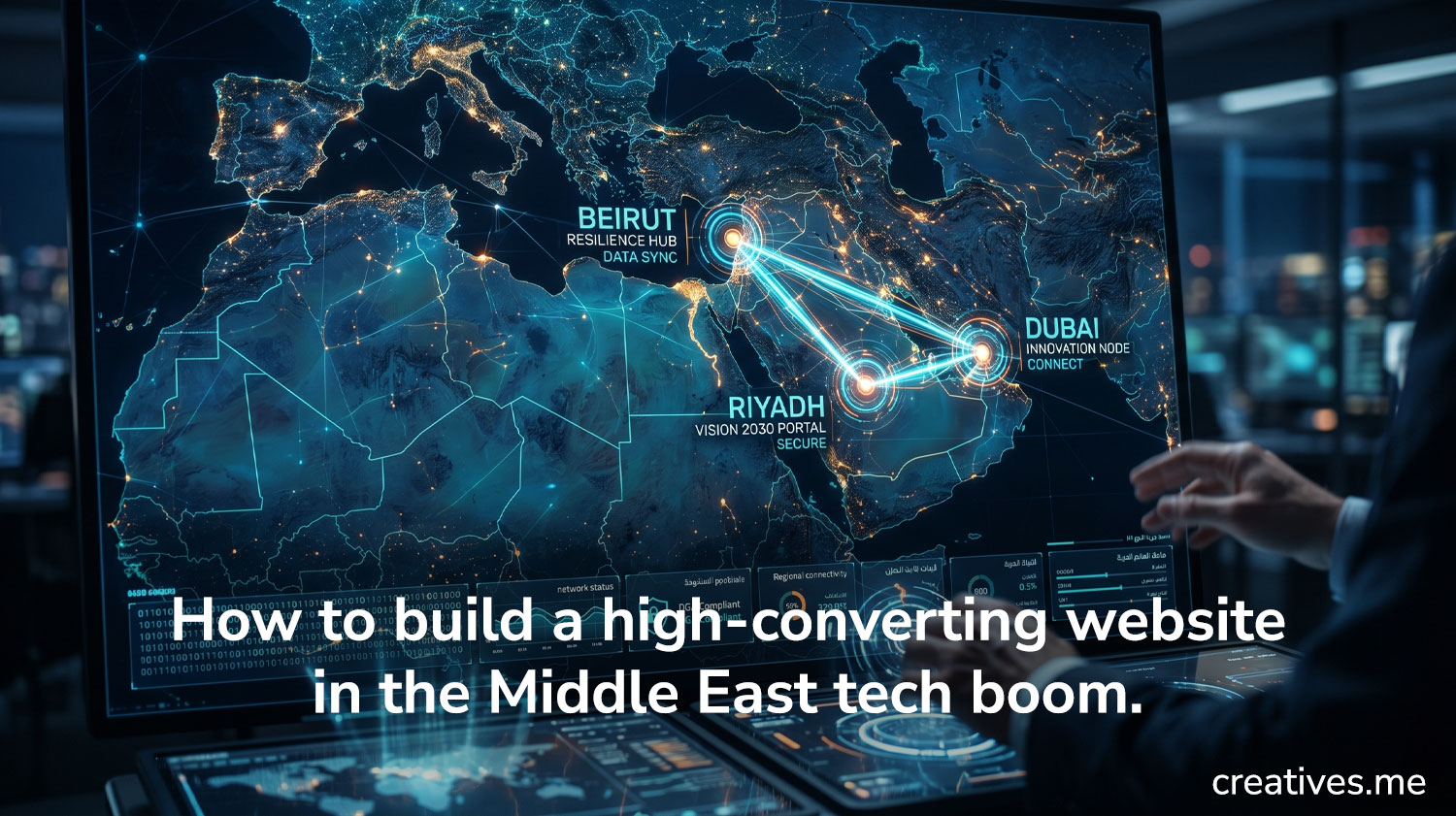 A high-tech digital interface showing a map of the MENA region with data nodes connecting Beirut, Riyadh, and Dubai.