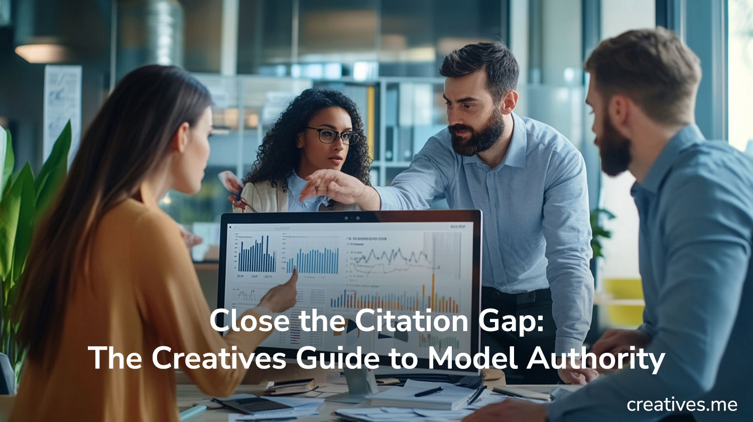 A diverse team of strategists at Creatives Beirut office using a digital dashboard to track AI citation frequency for global clients.